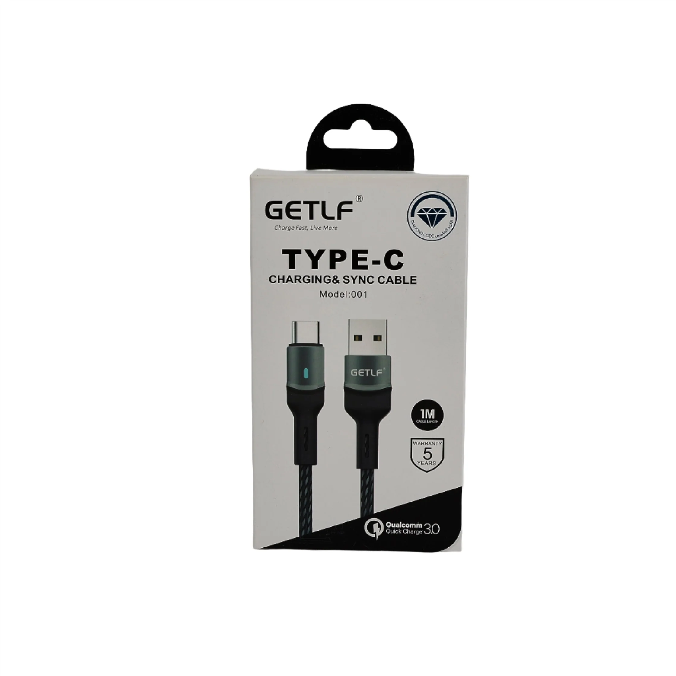كابل USB إلى Type-C مضيء، بطول متر، أسود، 001typec.
